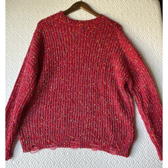 Main Strip Distressed Mini Pom Pom Confetti Sweater Red Multi Size LARGE Womens - Picture 9 of 9